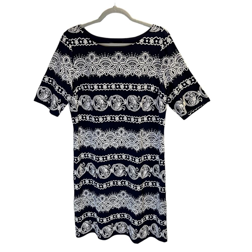 Karin Stevens Embroidered Floral Pattern Sheath Dress Size L Navy White Stretch